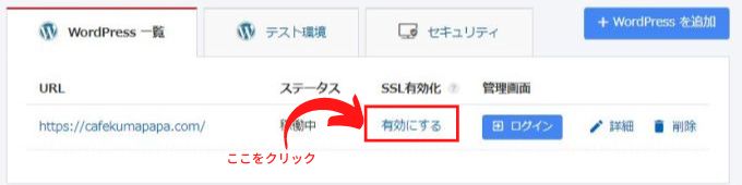 ワードプレスのログイン画面で「SSL有効化」をクリックする