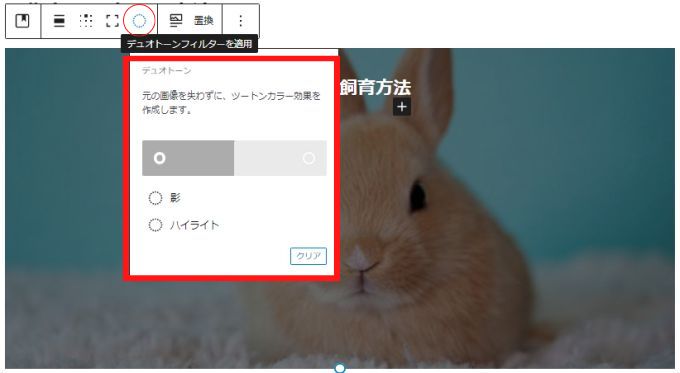 WordPressで挿入した画像にデュオトーンフィルターを適用する画面