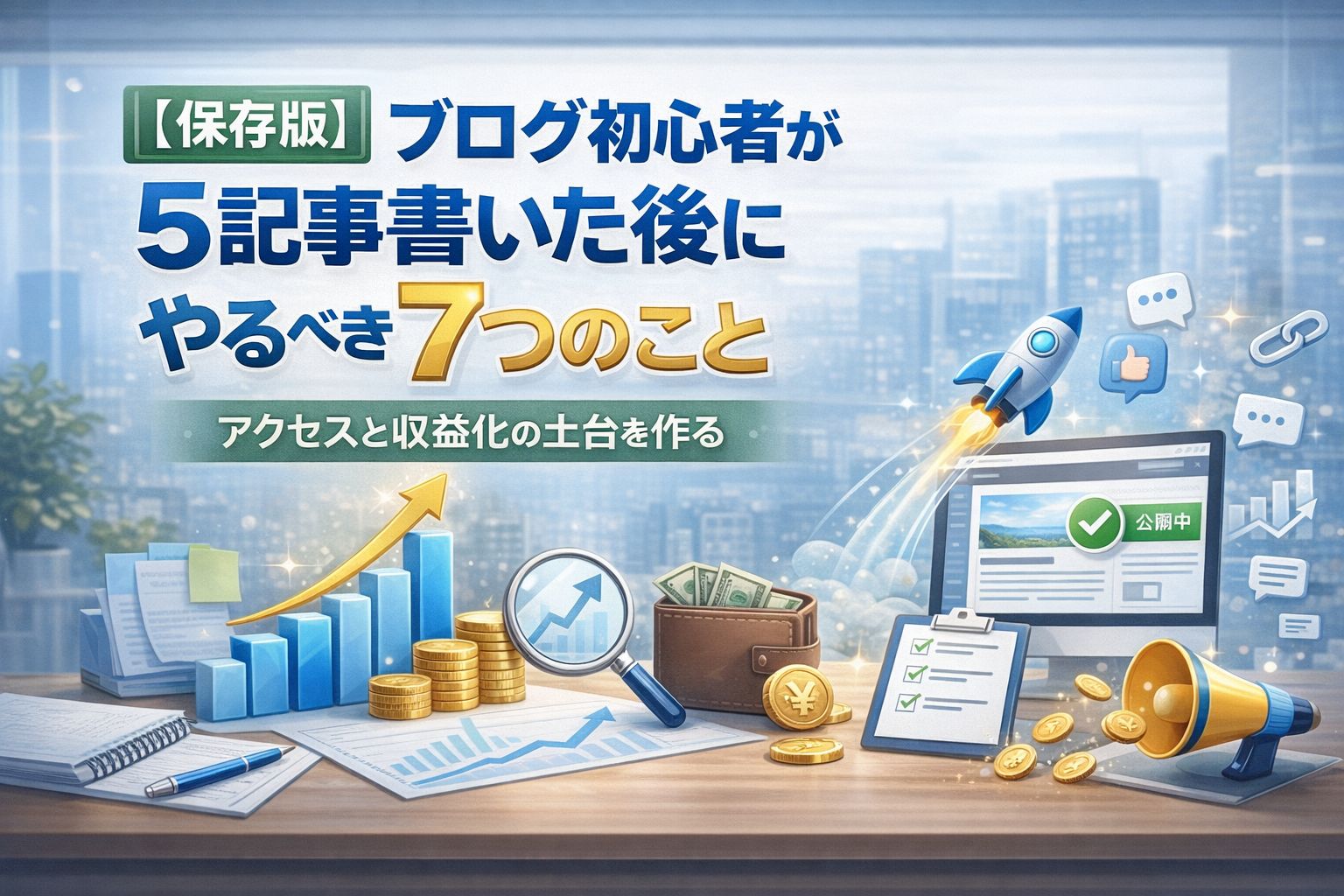 【保存版】ブログ初心者が5記事書いた後にやるべき7つのこと｜アクセスと収益化の土台を作る