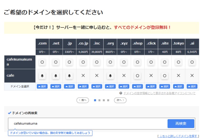 お名前.comレンタルサーバー：ドメイン取得画面