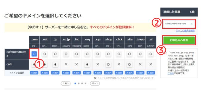 お名前.comレンタルサーバー：ドメイン取得画面