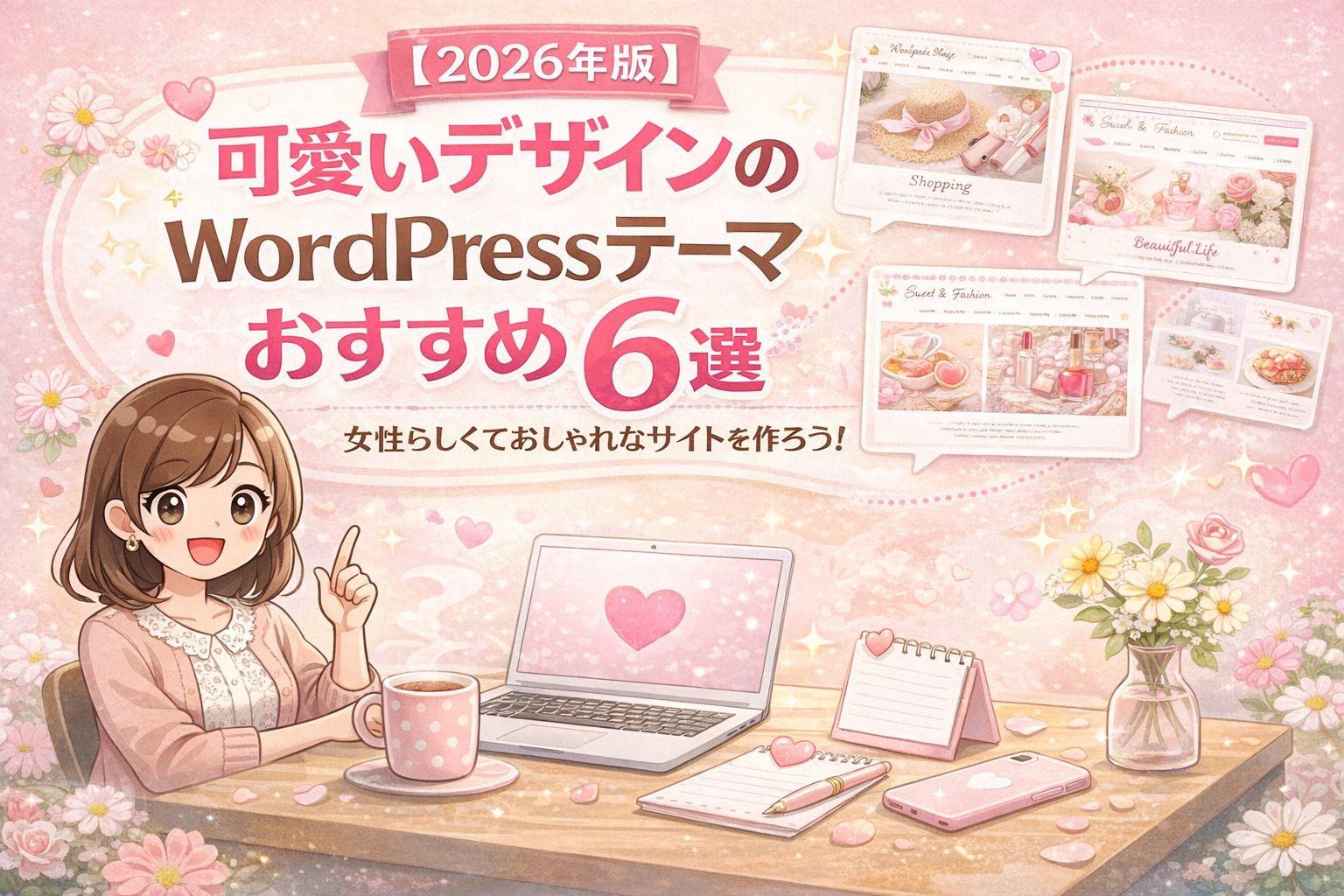 【2026年版】可愛いデザインのWordPressテーマおすすめ６選｜女性らしくておしゃれなサイトを作ろう！