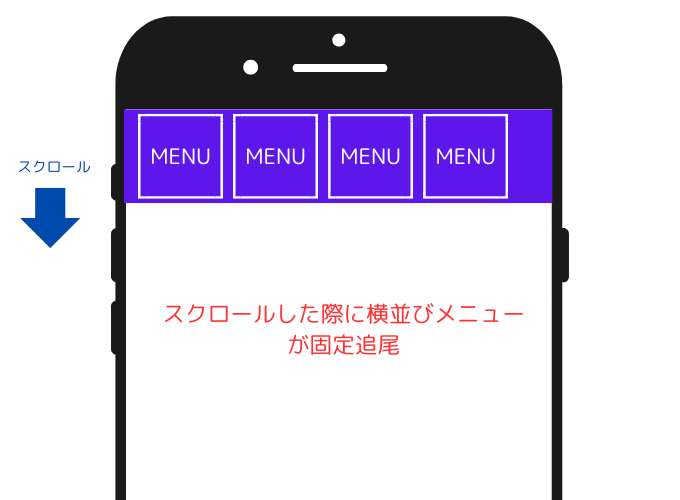 スマホスクロール時に横並びメニューが固定追尾するイメージ画像