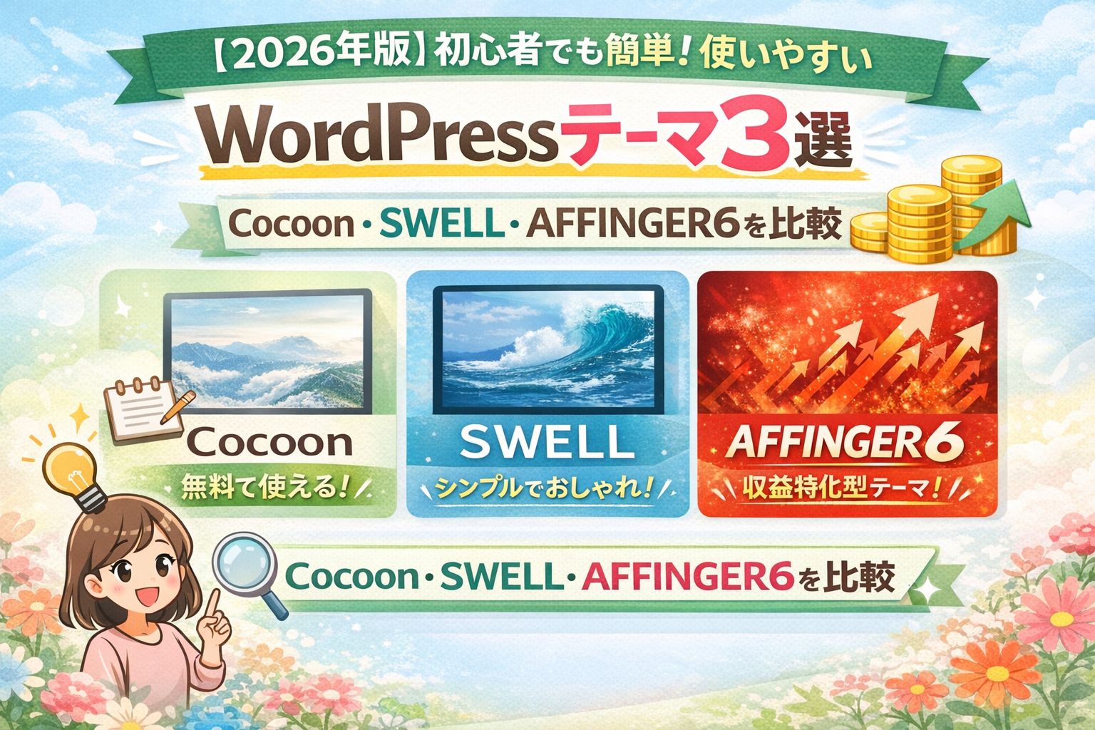 【2026年版】初心者でも簡単！使いやすいWordPressテーマ3選｜Cocoon・SWELL・AFFINGER6を比較